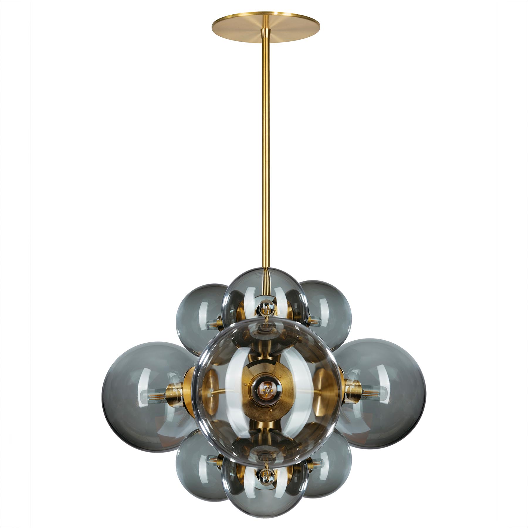 Modern Brass Chandelier with Six Coloured Glass Spheres