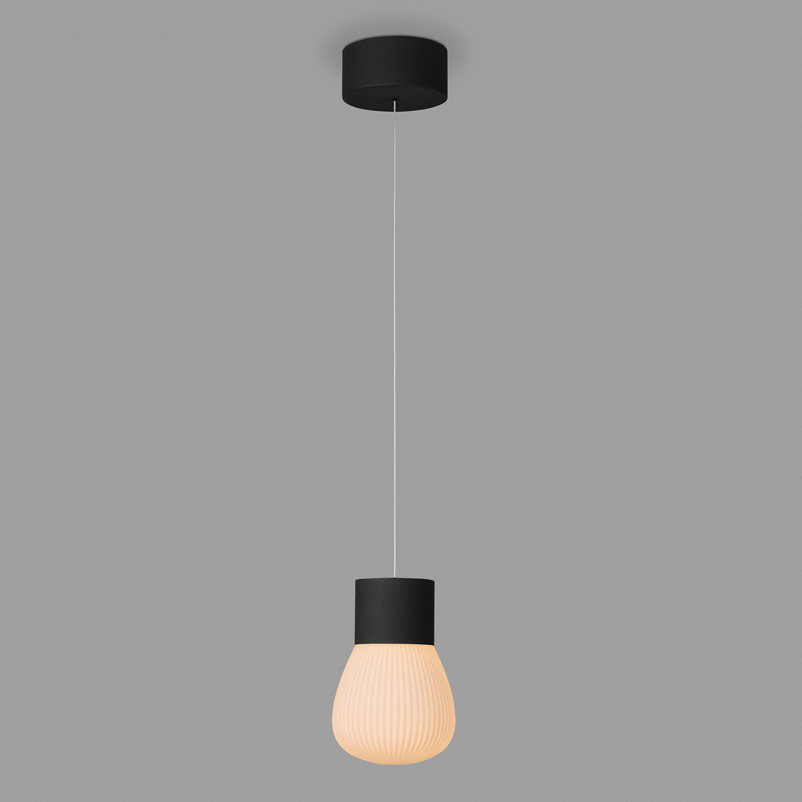 Modern LED pendant light AURA with cylindric glass shade, adjustable height: Eingeschaltet: plissiertes Opalglas, matt (Deckenteil mit Höhenverstellung)