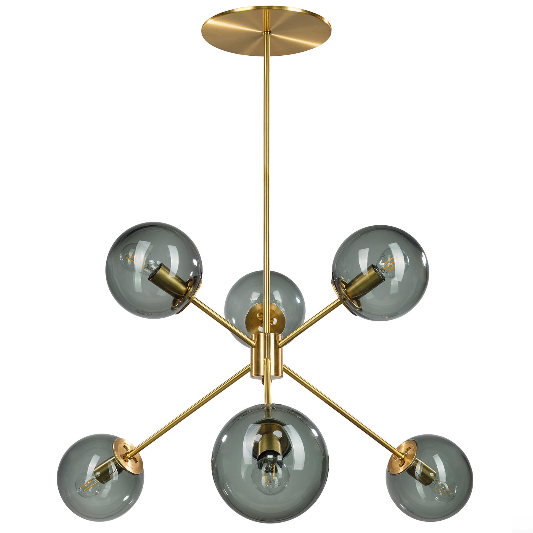 Modern Brass Chandelier with Six Coloured Glass Spheres