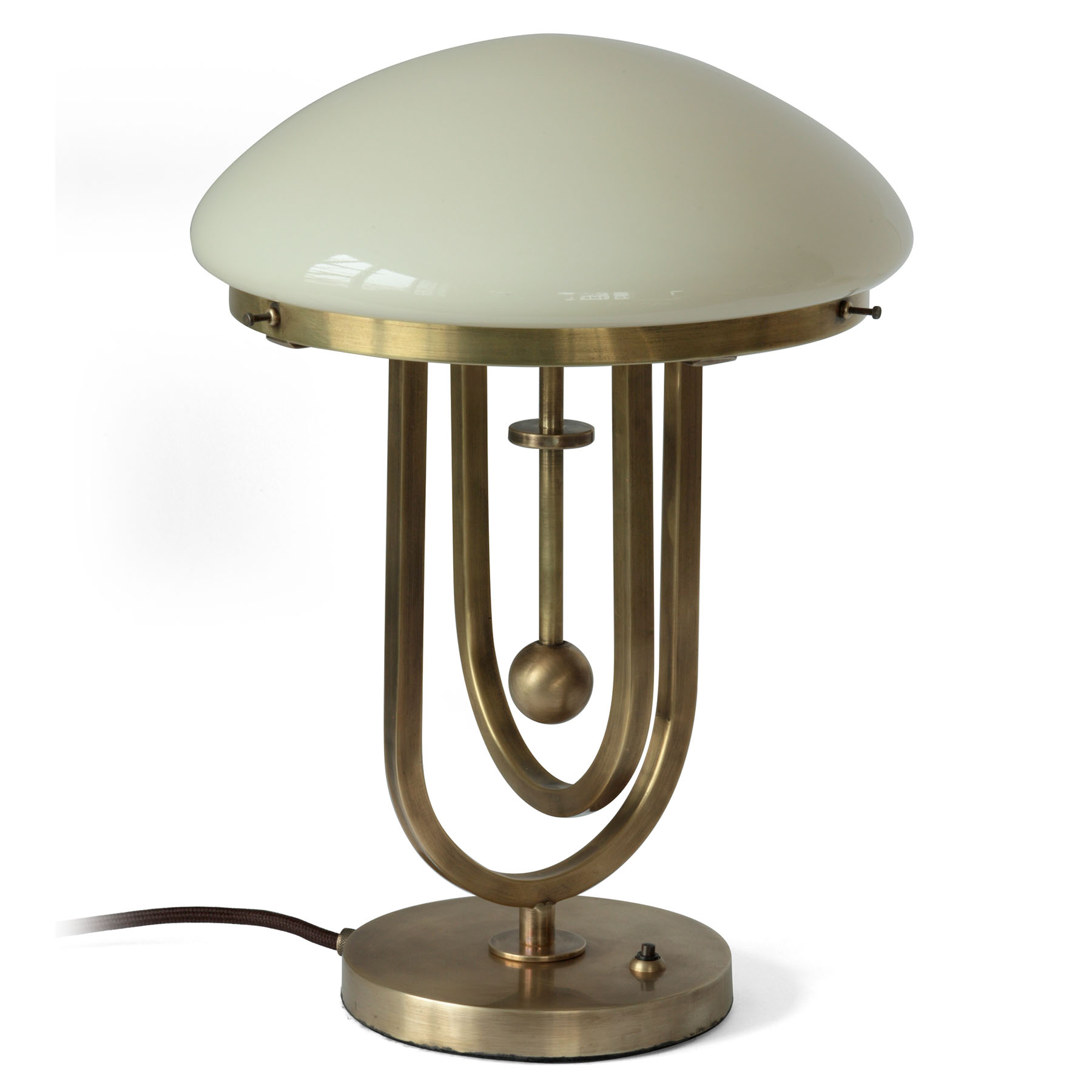 Fascinating Art Deco Brass Table Lamp With Opal Glass Bonnet: Antik handpatiniert mit crèmefarbenem Glasschirm