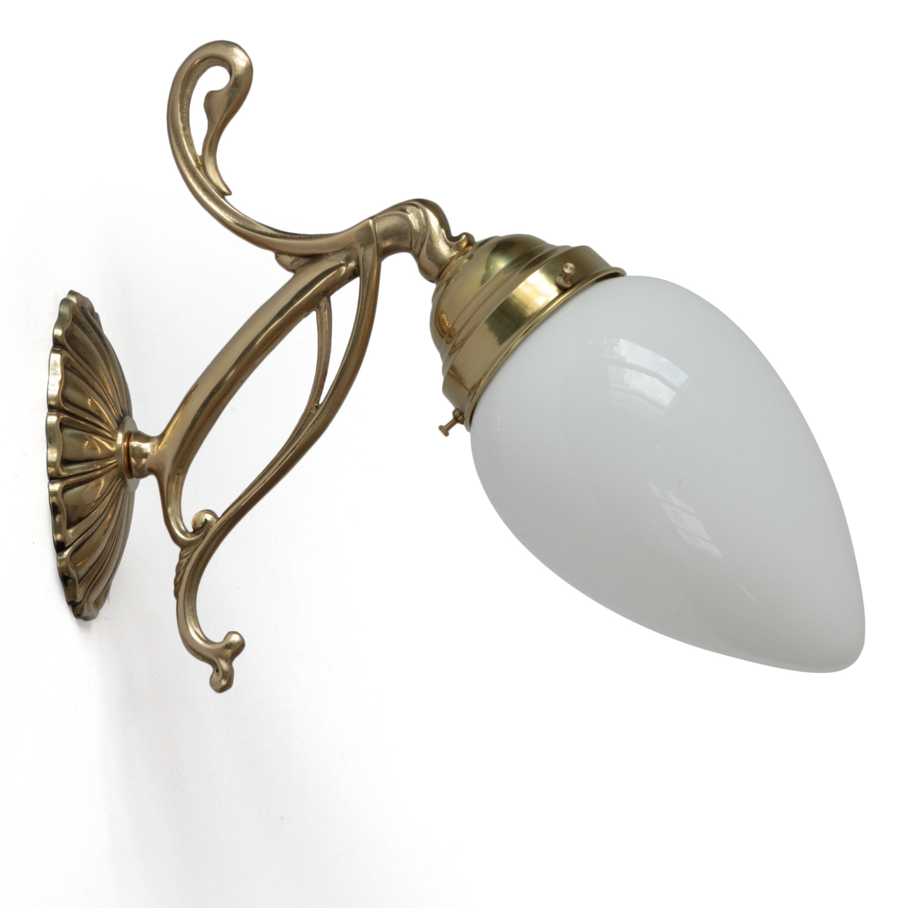 Art Nouveau Wall Light with Decorated Brass Wall Arm and Bud Shaped Glass