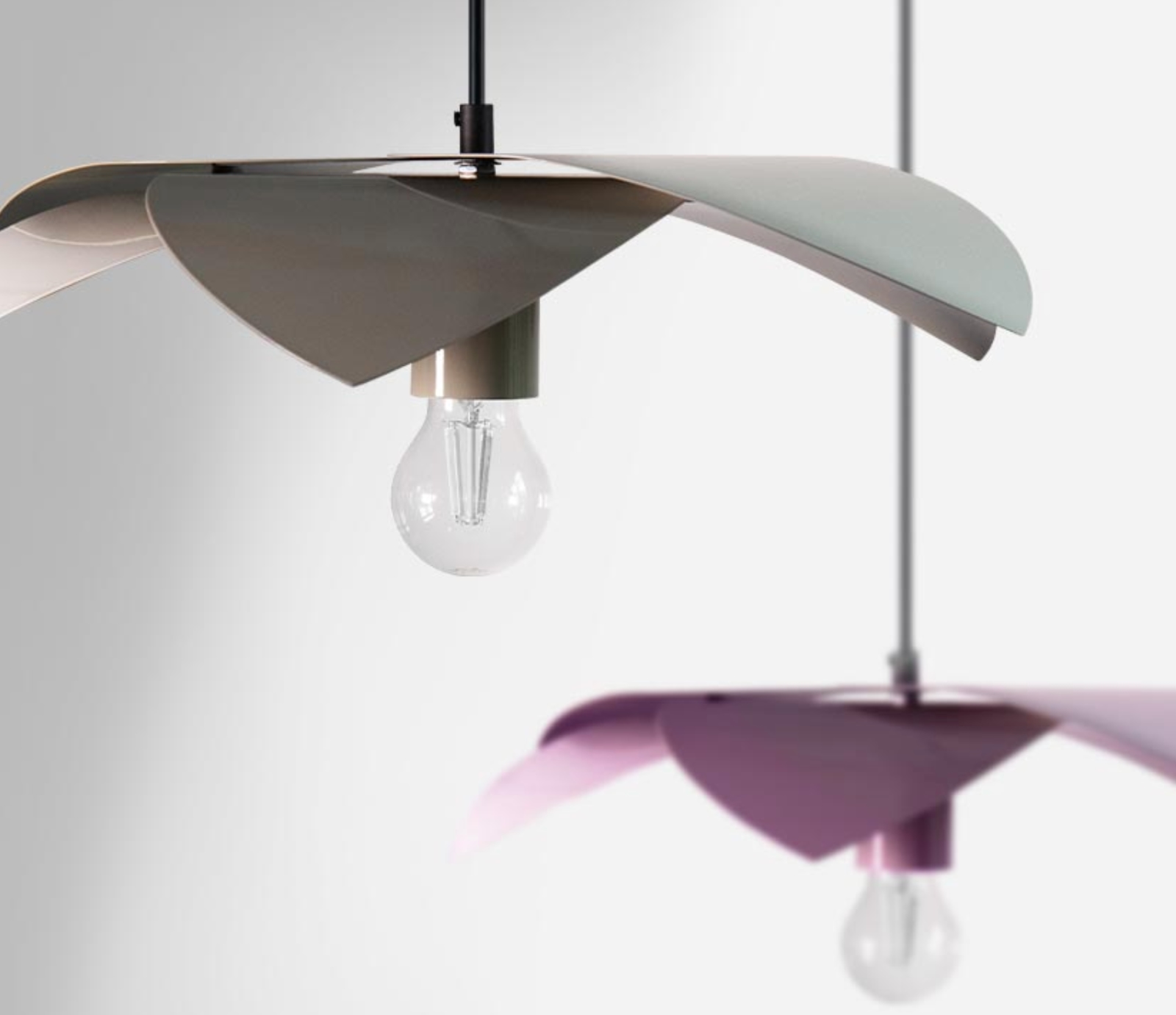 Unique Pendant Lamp LEAF: Die einzelnen Blütenblätter des Schirmes können in unterschiedlichen RAL Classic Farben beschichtet werden.  Hier RAL 7032, 7044, 9002 sowie RAL 4005, 4009, 5007