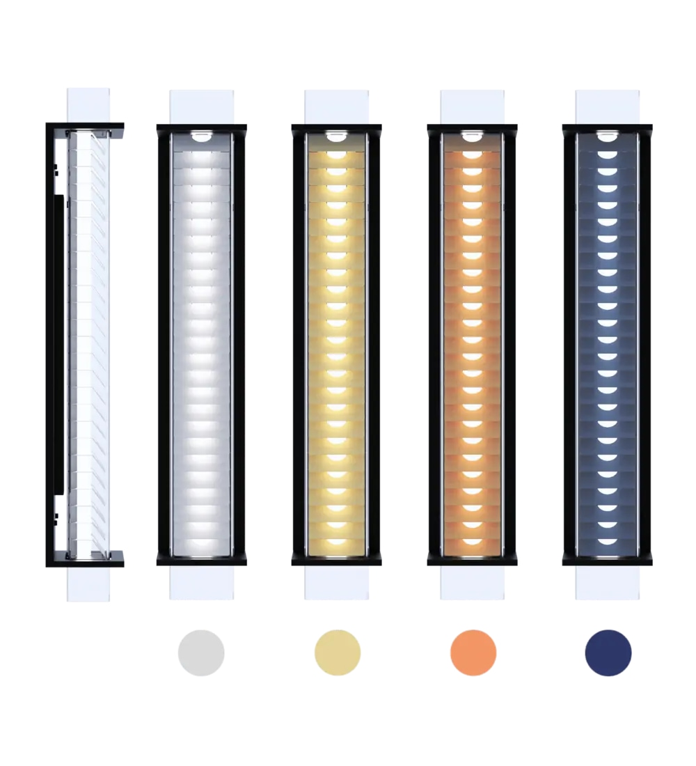 Wandleuchte mit Lamellenblende QUADRATUBE W4: Die Lamellen sind in den Farben Silber, Gold (champagne), Kupfer und Blau (petrol) erhältlich.